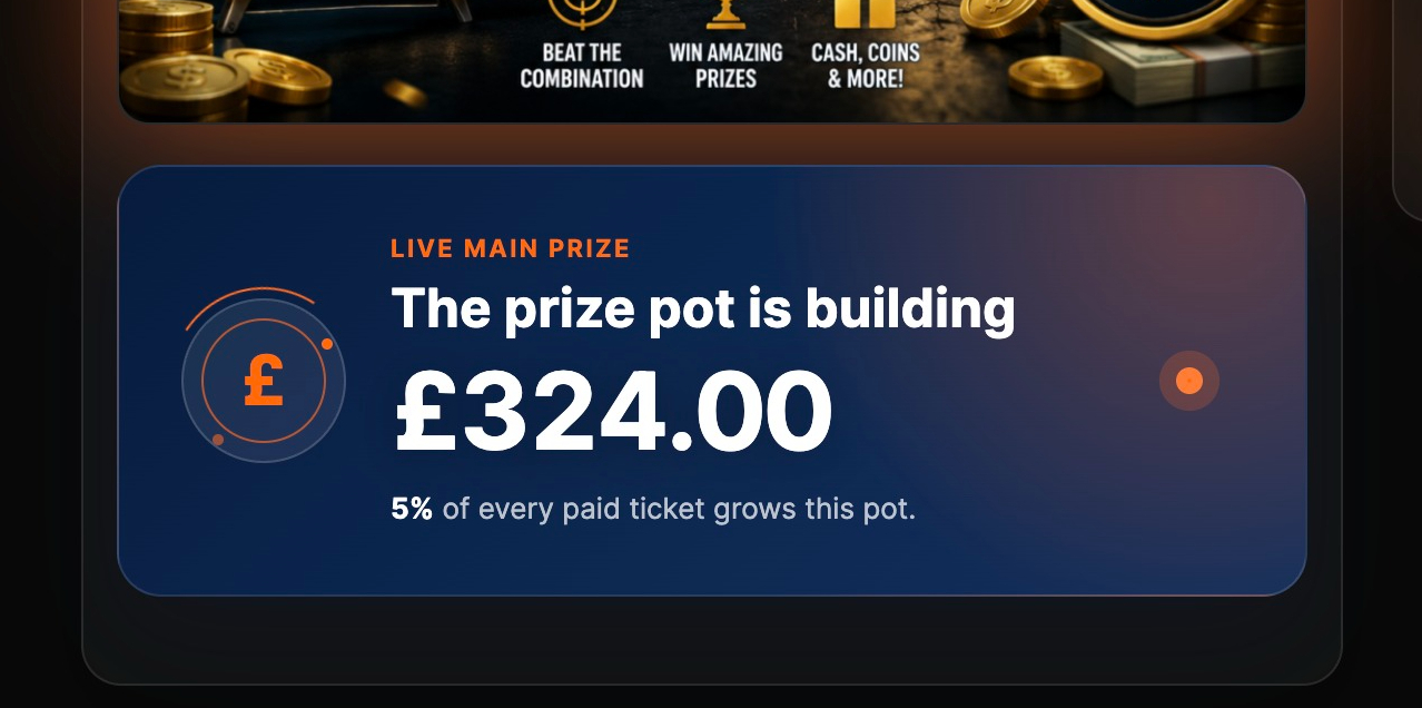 CompV2 Prize Pot Builder showing a live prize pot growing from paid ticket sales