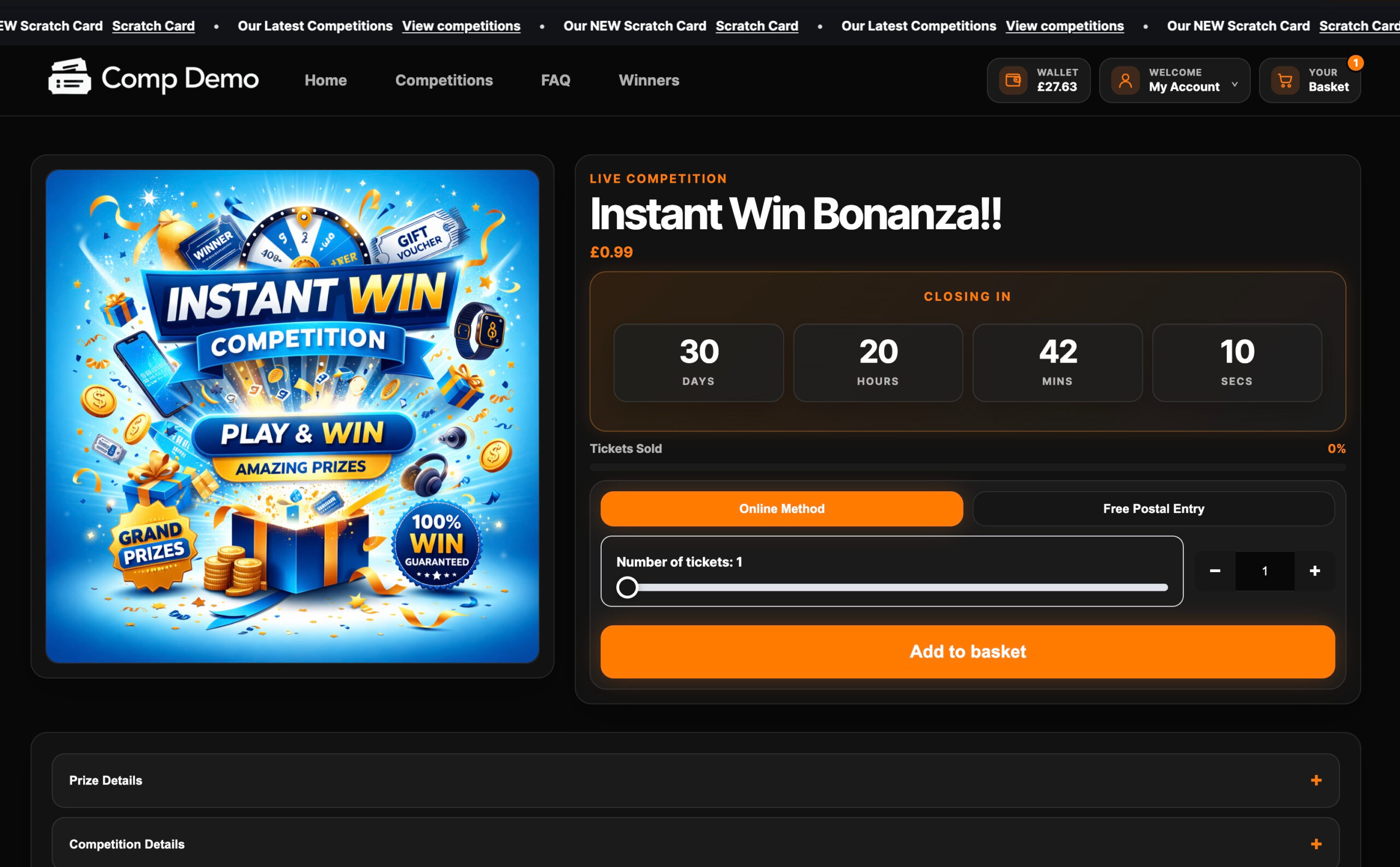 The same CompV2 storefront in a dark orange visual style