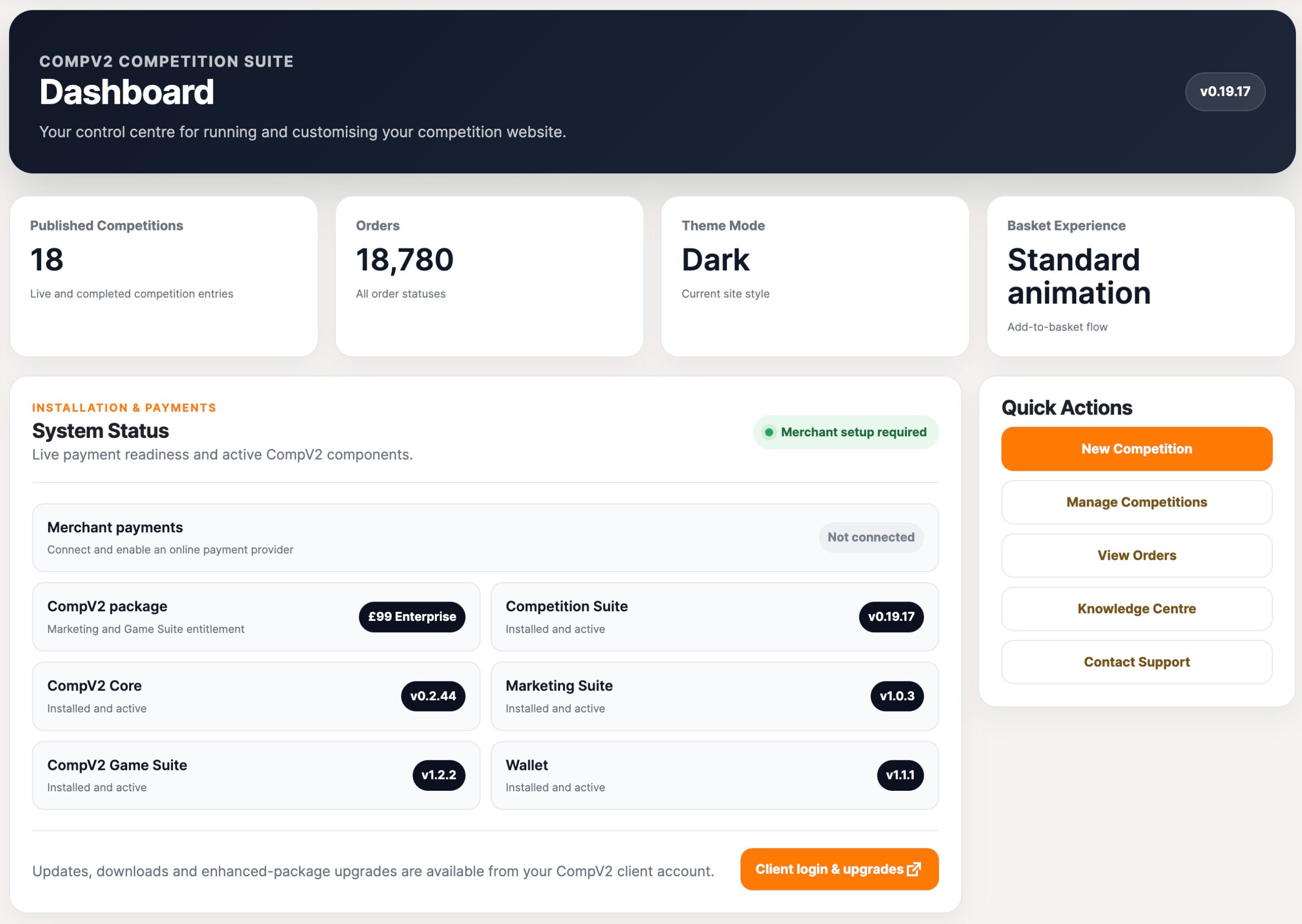 CompV2 competition management dashboard with orders, system status and quick actions