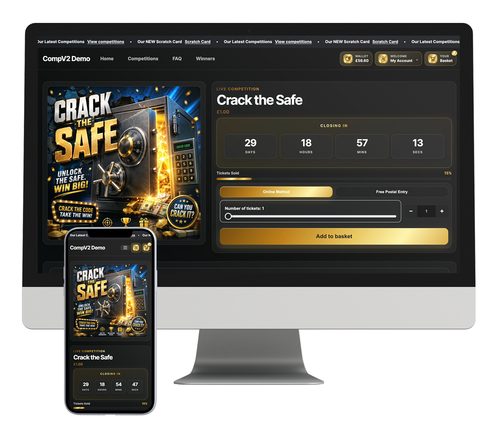 CompV2 competition website shown on a desktop display with a coordinated mobile experience